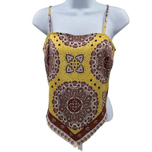 Rachel Zoe Cami Top WMNS XS Yellow Brown Mandala Print Handkerchief Hem Strappy - Picture 1 of 7